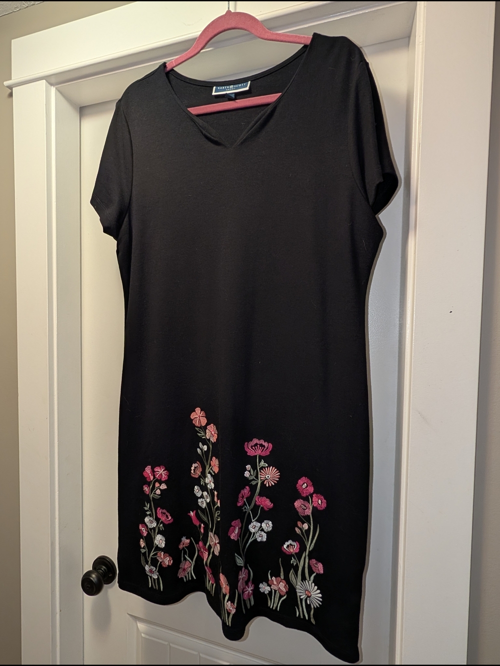 Karen Scott Black Midi Dress with Pink & White Floral Hem